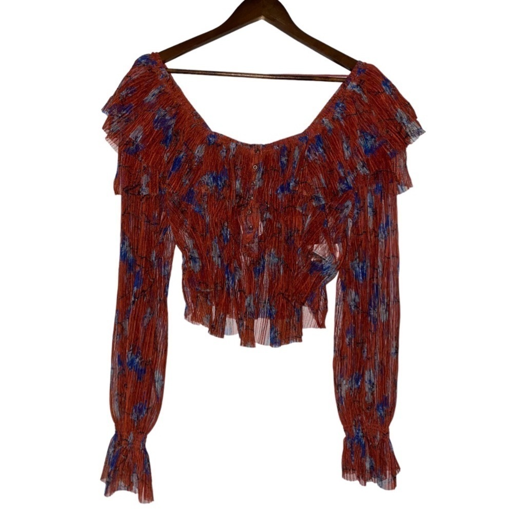Free People Floral‎ Women Semi Sheer Cropped Top L Boho Festive Hippie NWT